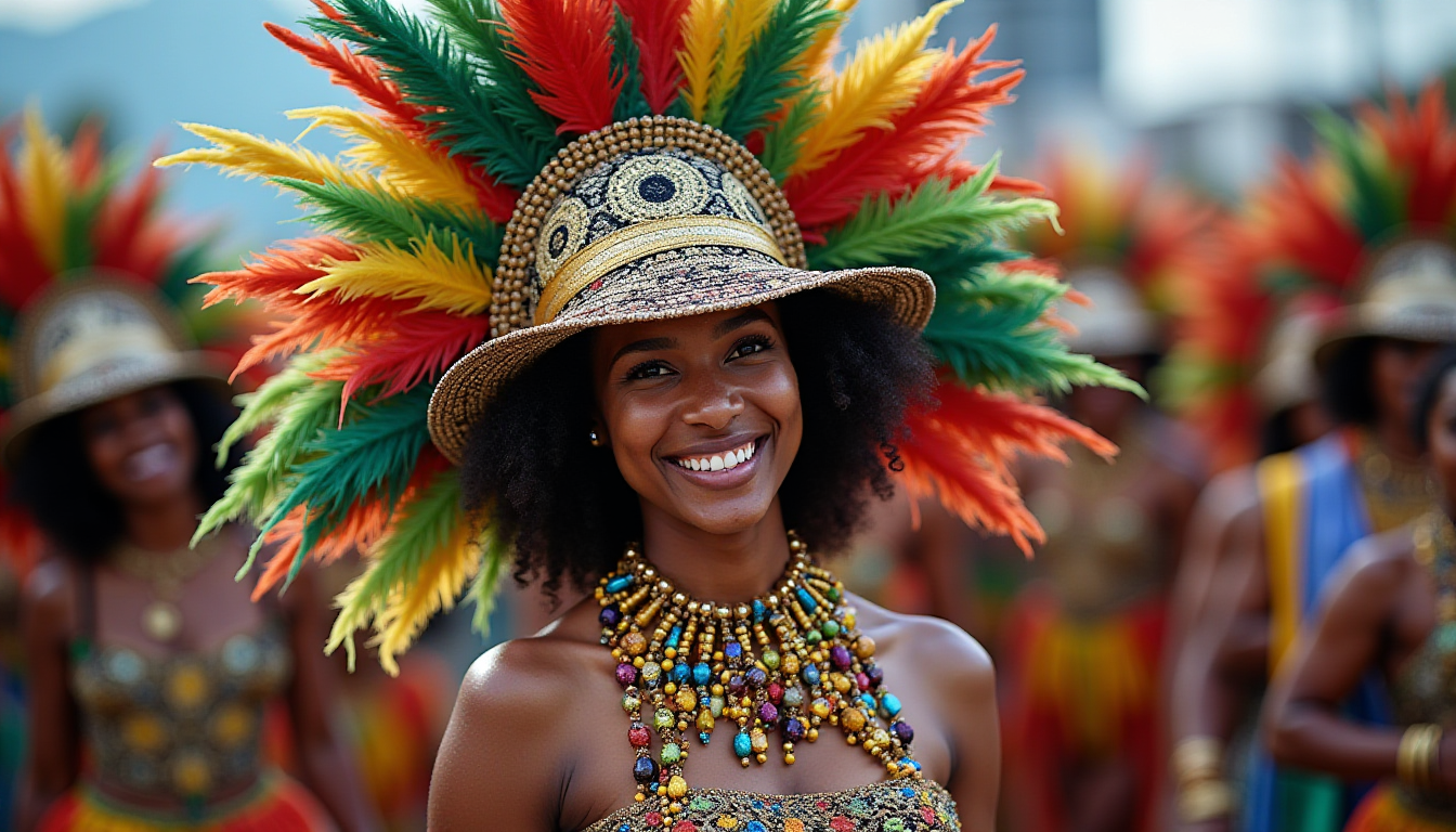 Colorful headdress and vibrant attire.