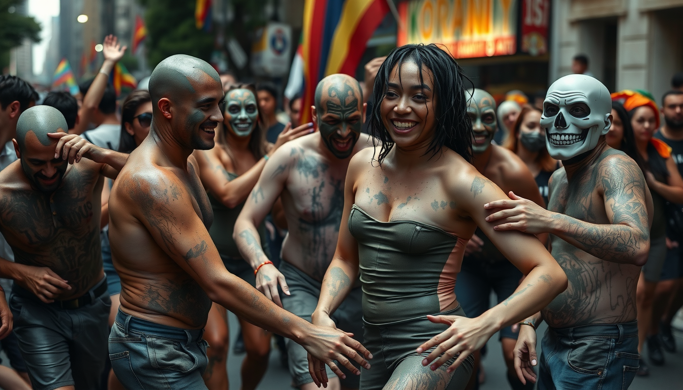 Festive parade with tattooed participants.
