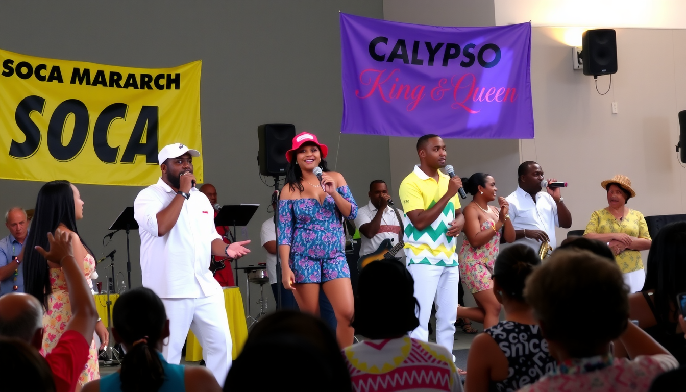 Calypso performers singing on stage.