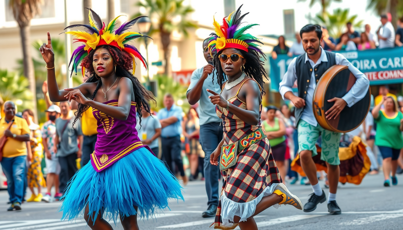 Colorful costumes at Caribbean carnival parade.