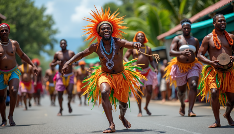 Dominica music: Vibrant festival with traditional dancers.