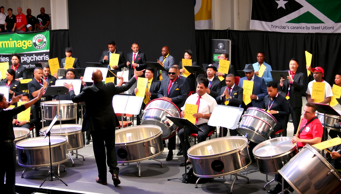 Steel band performance with musicians.